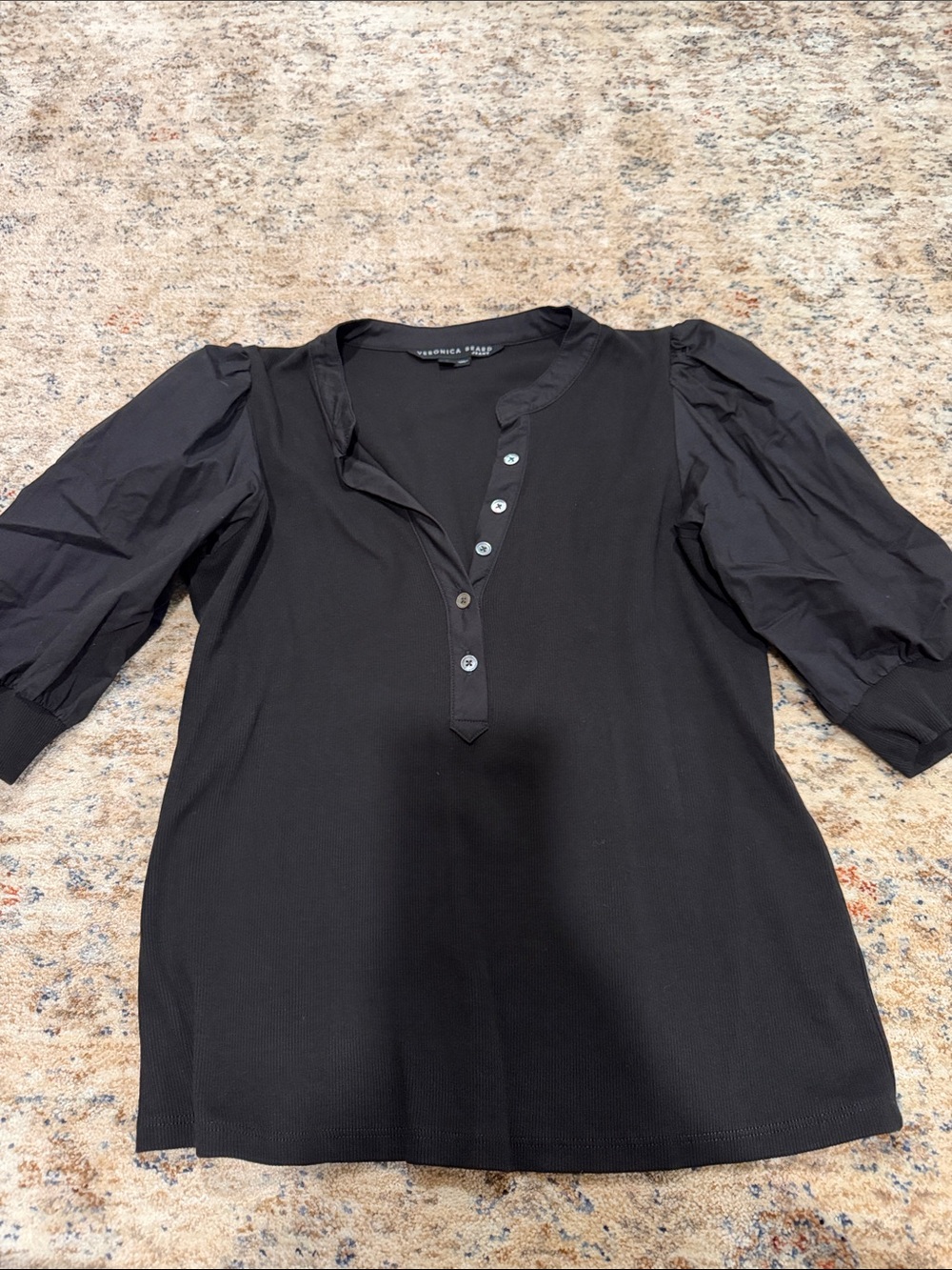 Veronica Beard Black Henley Puff-Sleeve Top